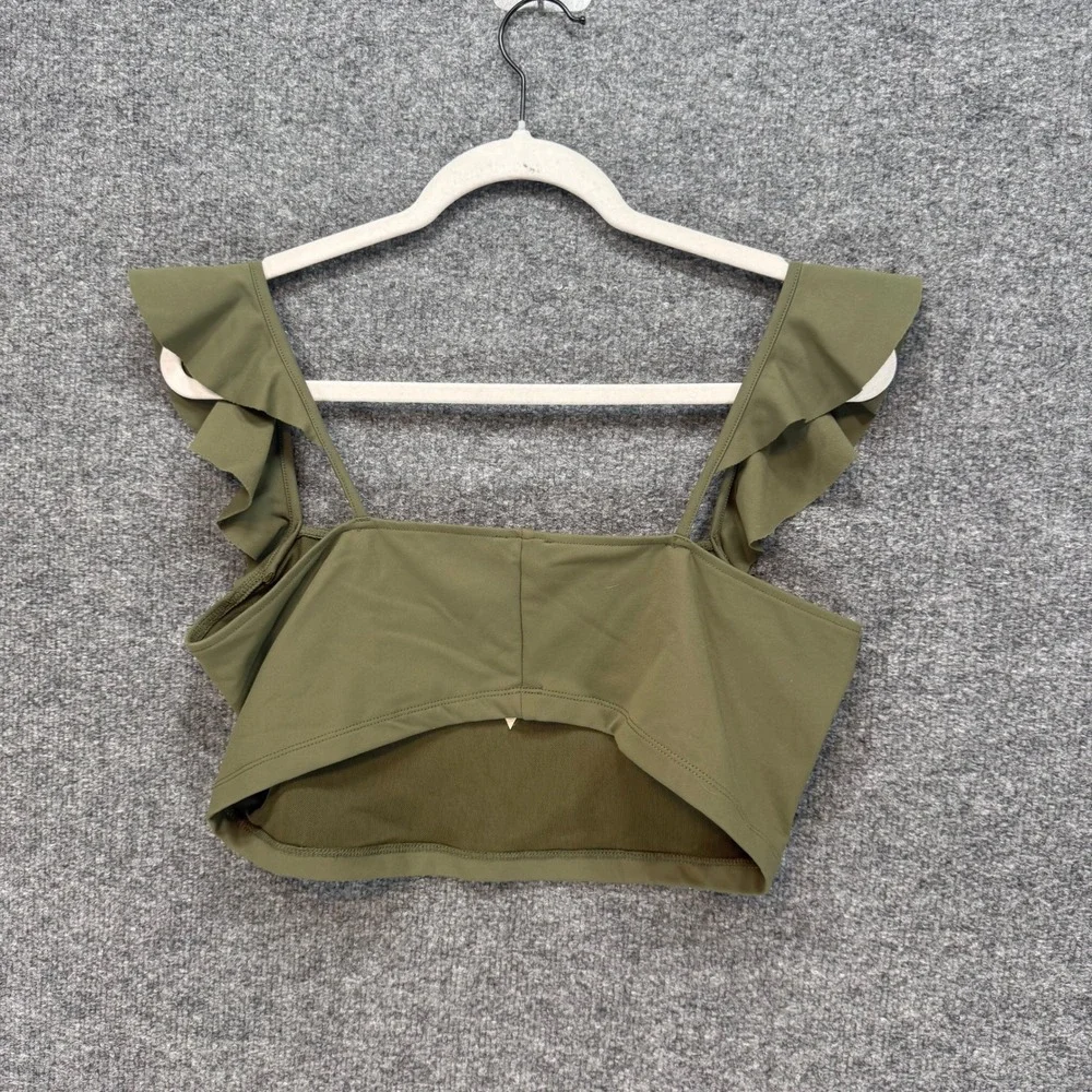 Free People‎ Crop Top Women Large Olive Green Ruffle Shoulder Square Neck Boho